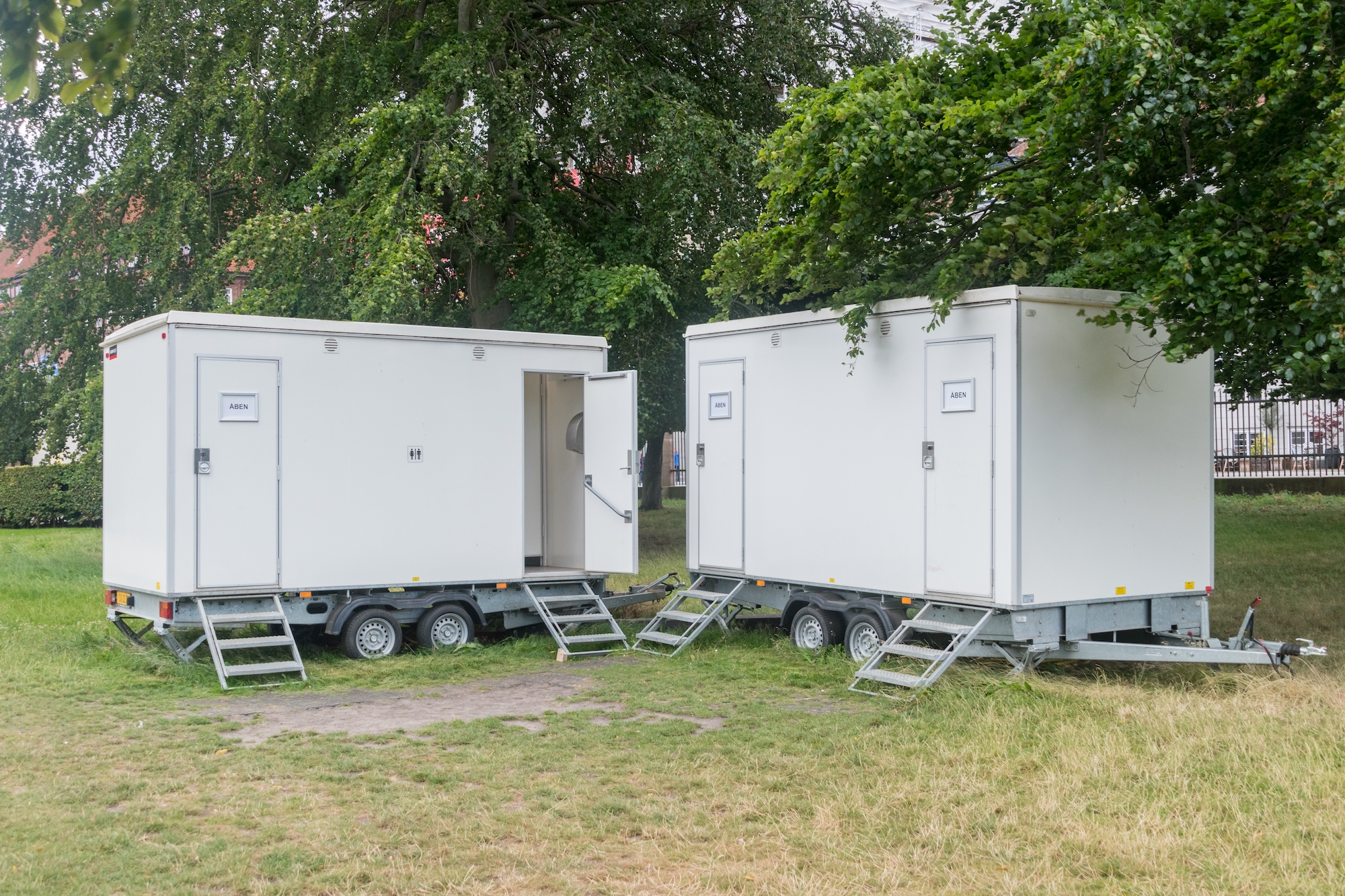 Copenhagen, Denmark - July 26, 2022: Trailers with toilets. Portable toilets.